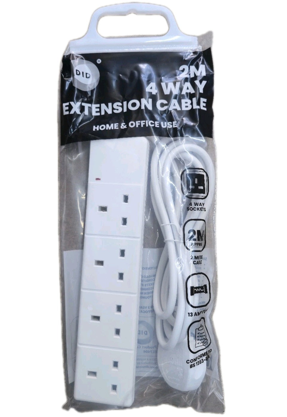 Electric Extension Lead, 4 GANG, 2 METER CABLE 13A UK Plug Multi Way Adapter
