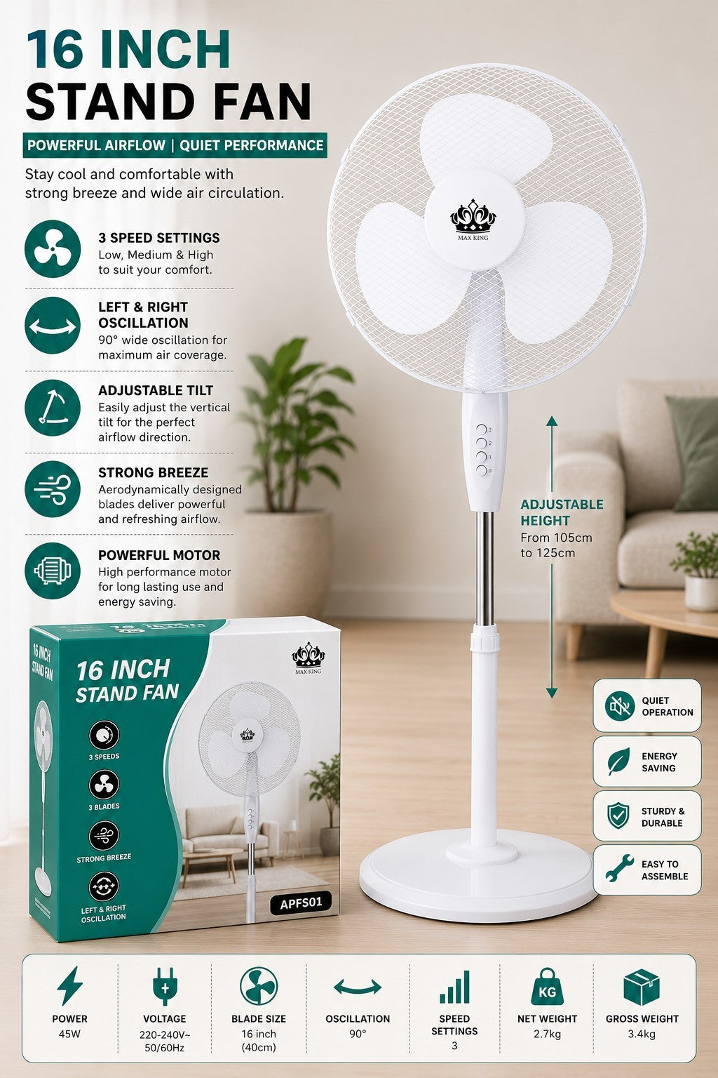MAX KING 16" Stand Fan White 3 Speed Oscillating Pedestal Fan Heavy Round Base