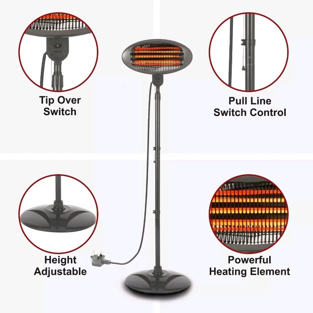 2KW Electric Patio Heater Free Standing Quartz Warmer Garden Outdoor Waterproof