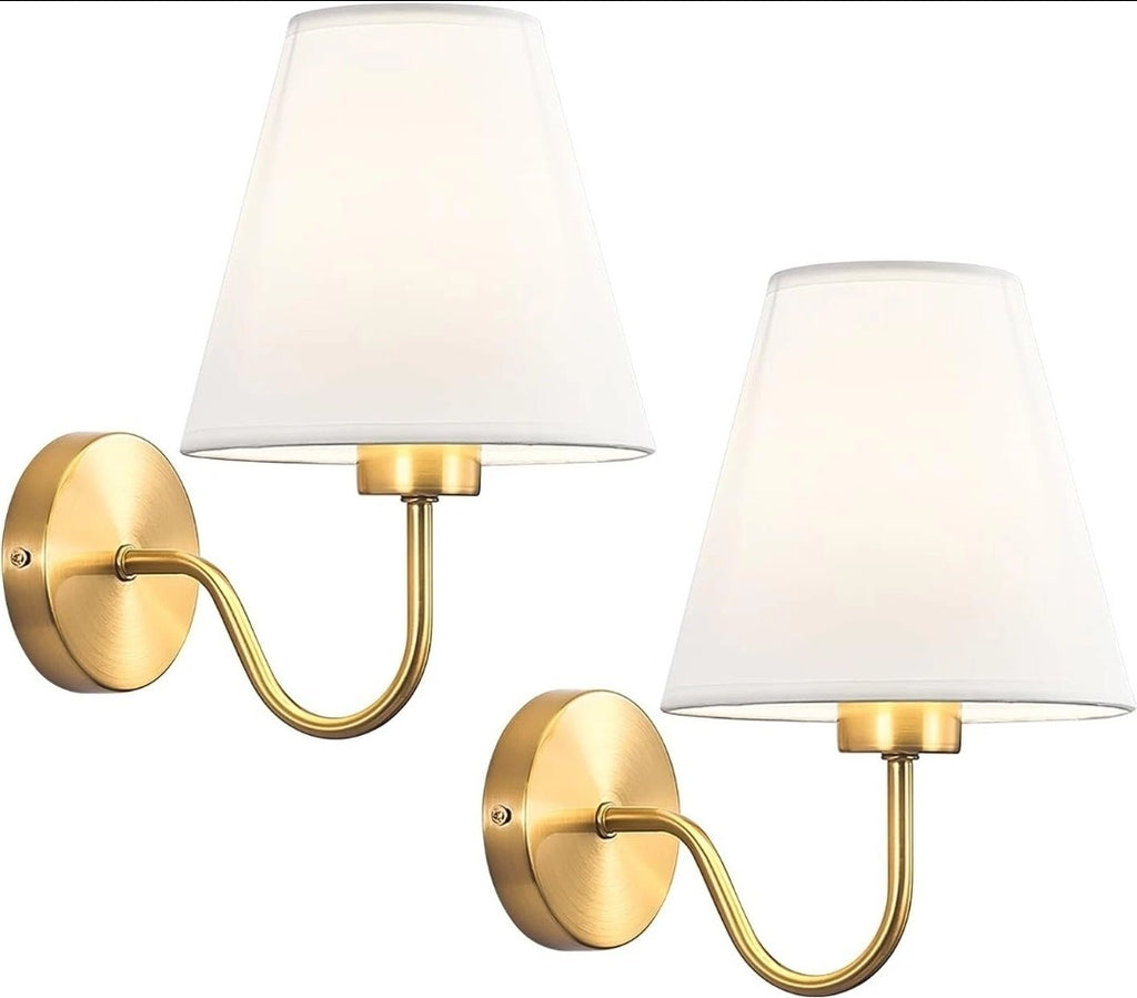 Antique Brass Classic Gold Wall Sconce with White Fabric Shade Modern E27 Light 