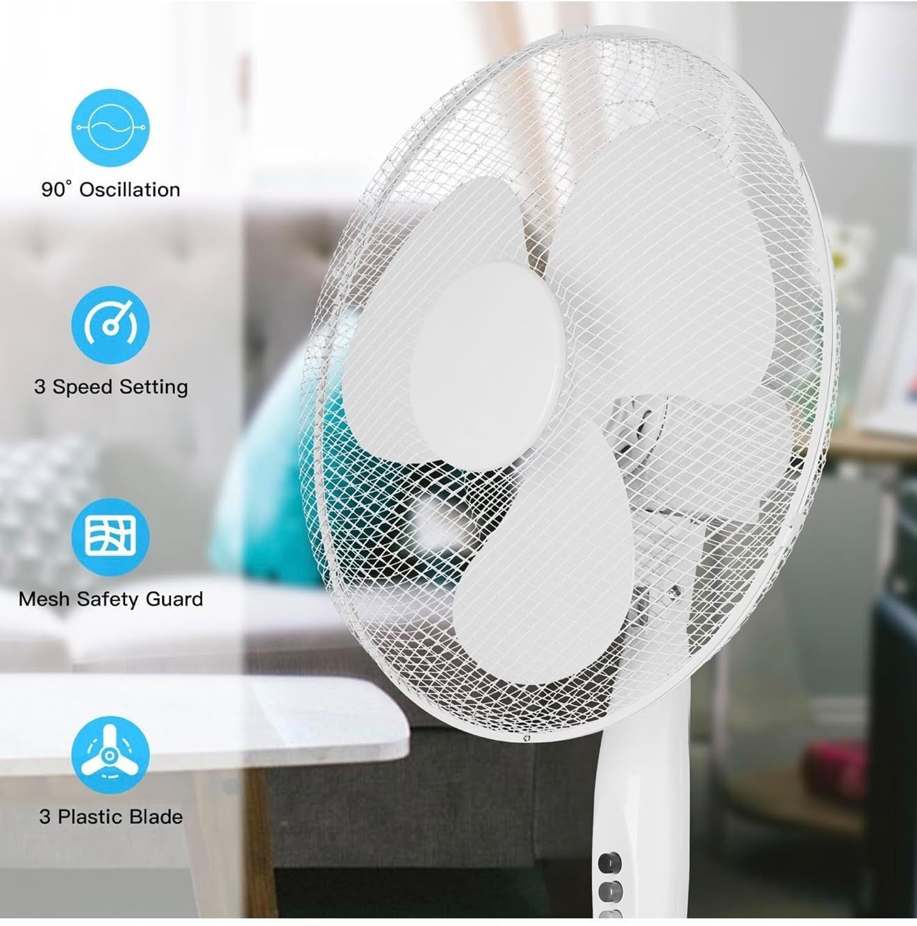 Fan 16" White Pedestal Standing Fan 3 Speed Oscillating Quiet Cooling Home Offic