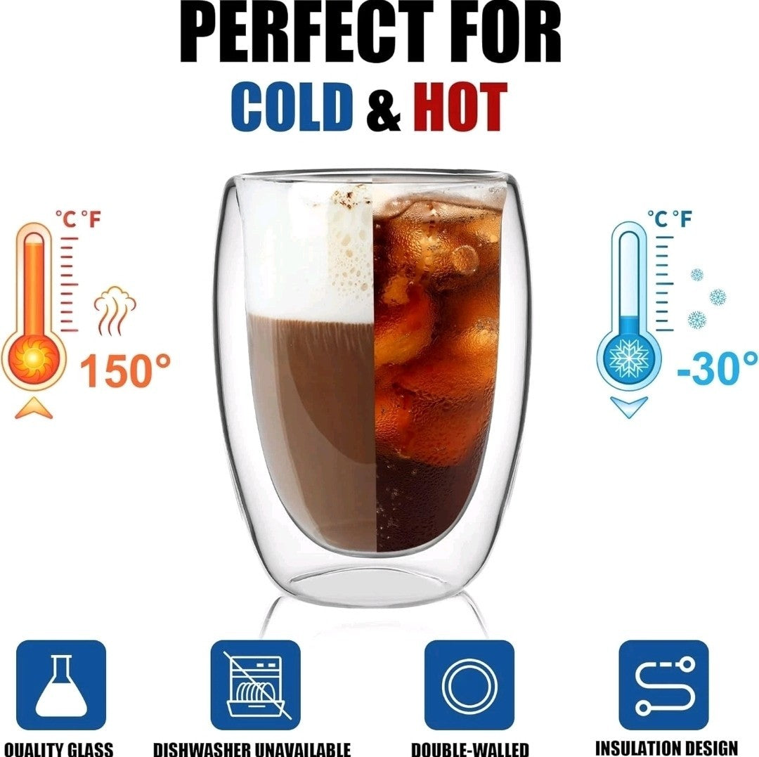 LIBWYS 6x 350ML Double Wall Glass Tea, Coffee Mugs + 6 Spoons – Heat Resistant 
