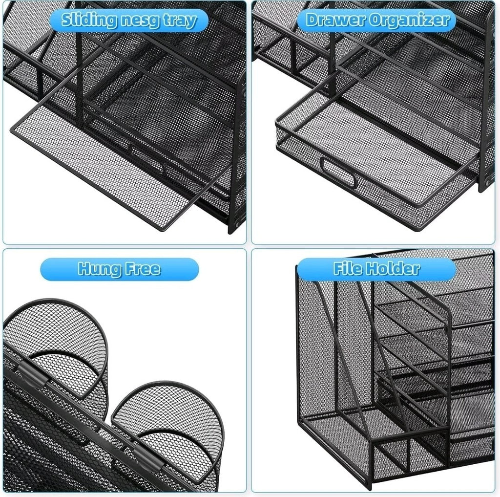 Desk Organiser Black 5-Tier Letter Tray with Drawer & Pen Holders |Vertical Mesh