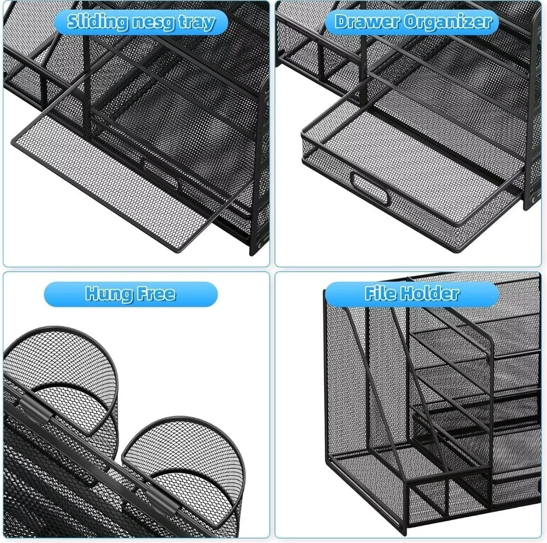 Desk Organiser Black 5-Tier Letter Tray with Drawer & Pen Holders |Vertical Mesh
