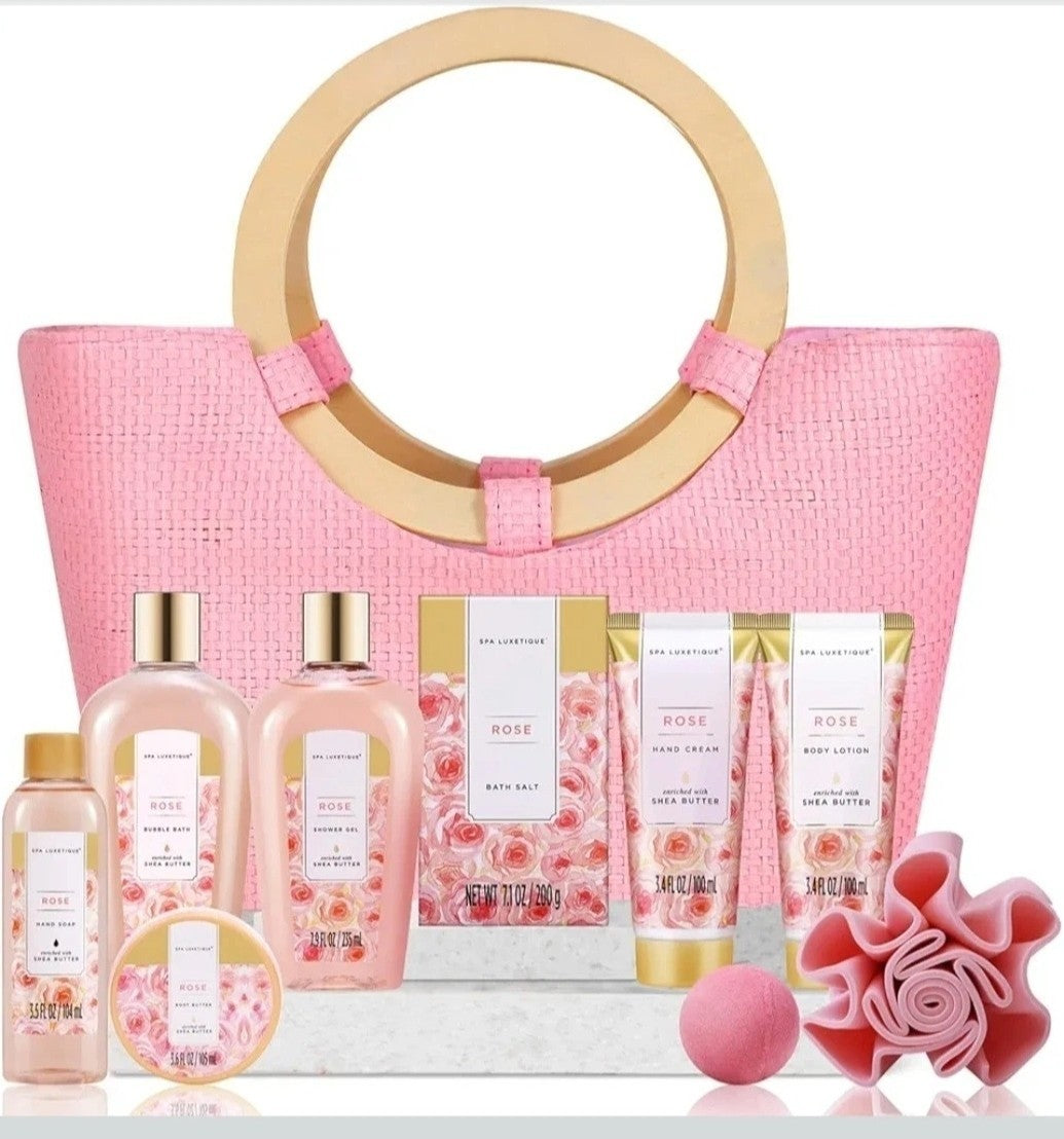 Gift Set For Her, Spa Luxetique Rose Bath & Body, Pink Tote Bag Shea Butter Spa