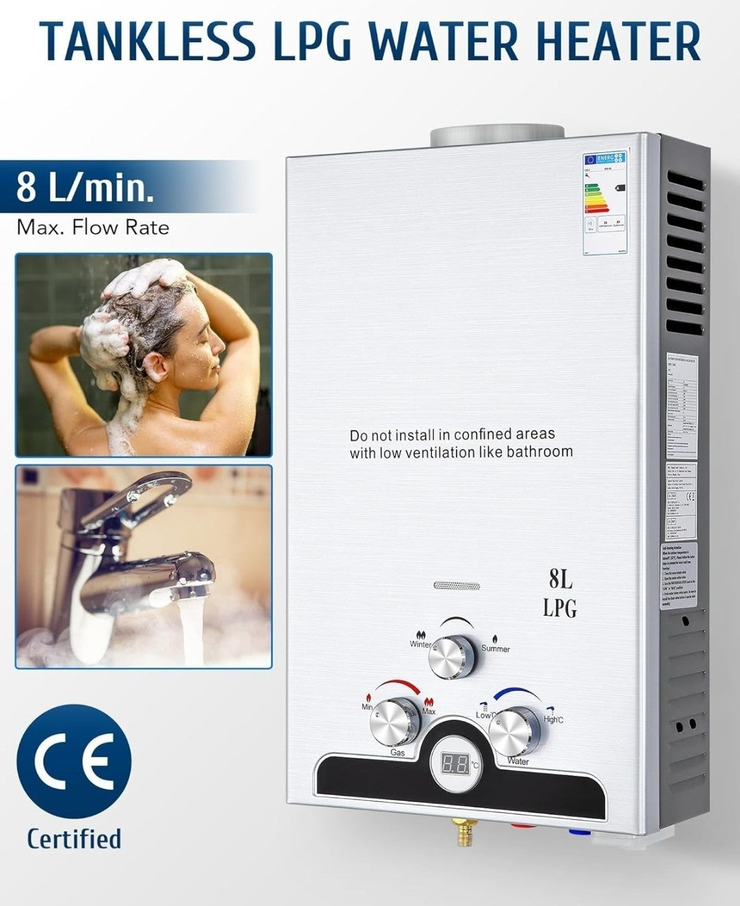 8L LPG Gas Water Heater Tankless Instant Boiler with LED & Copper Core Outdoor 