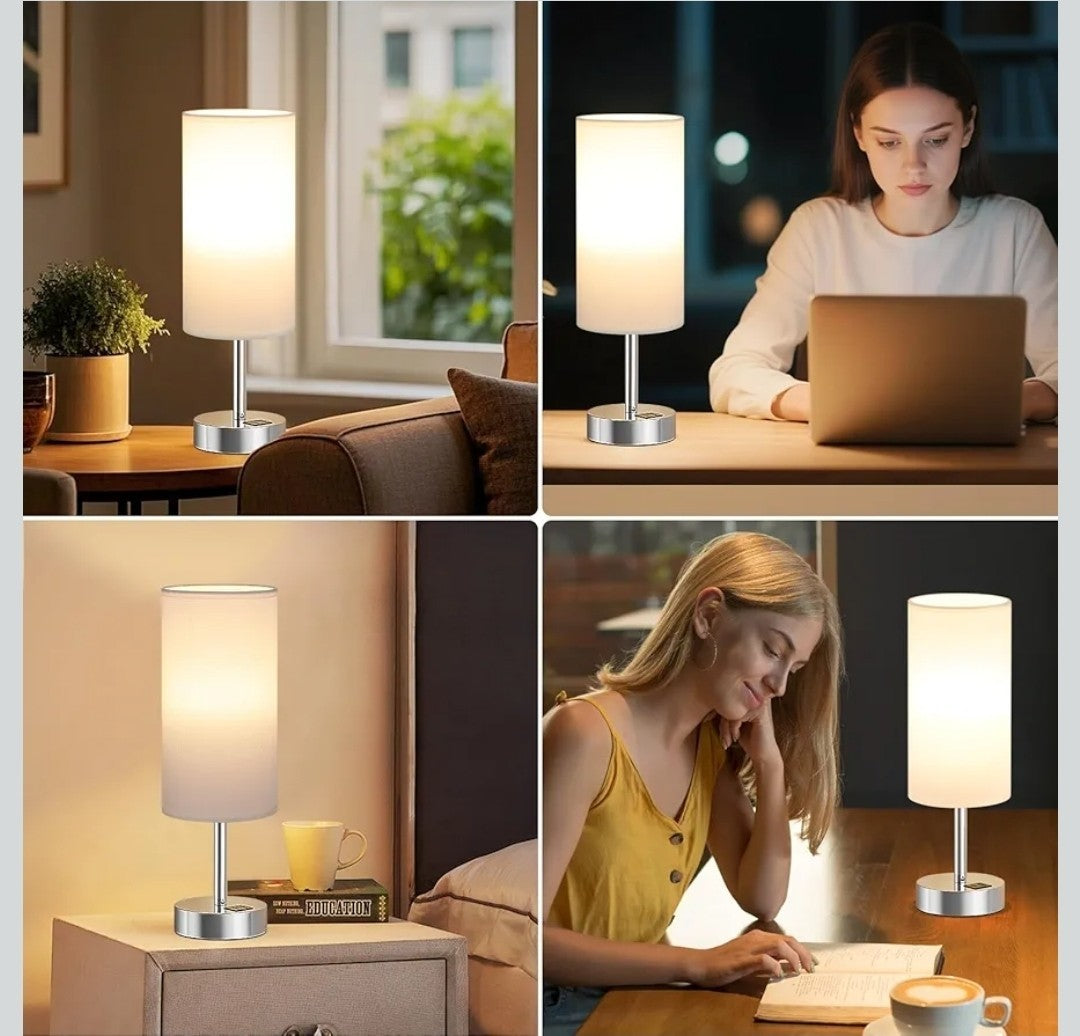 Set of 2 Touch Bedside Table Lamps with 3-Way Dimmable Light – Off-White Fabric 