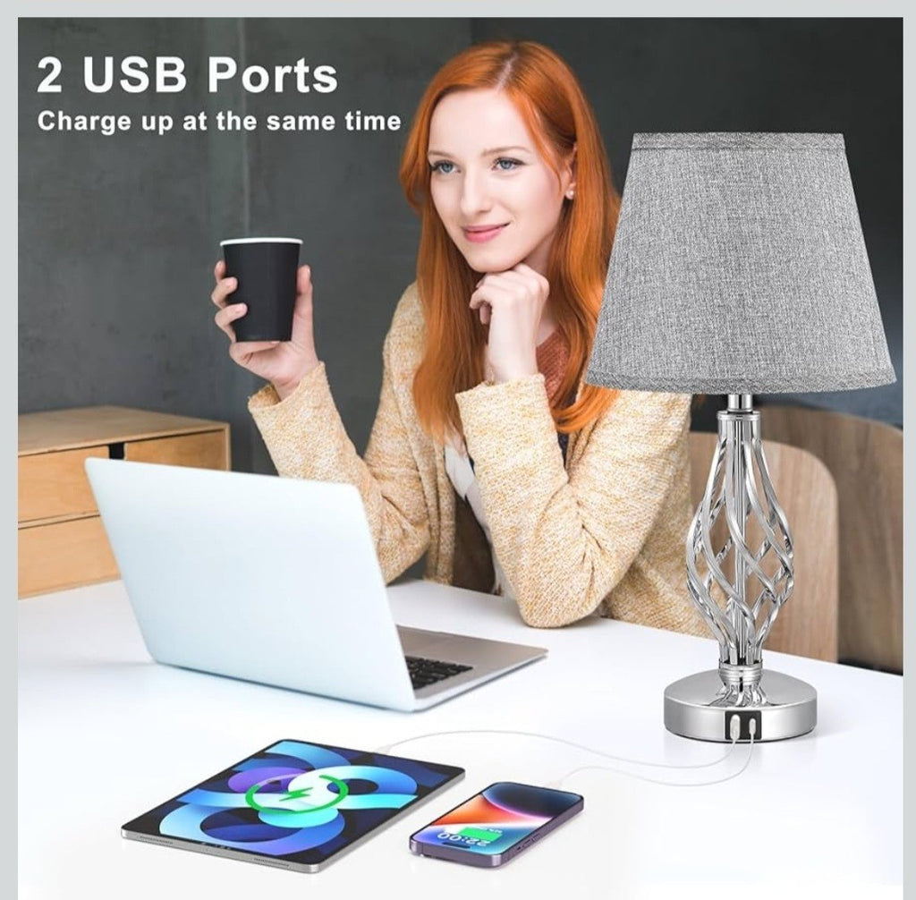 AOOSHINE Touch Table BedsideLamps Set of 2,USB-C USB-A Ports,3 Way Dimmable GREY