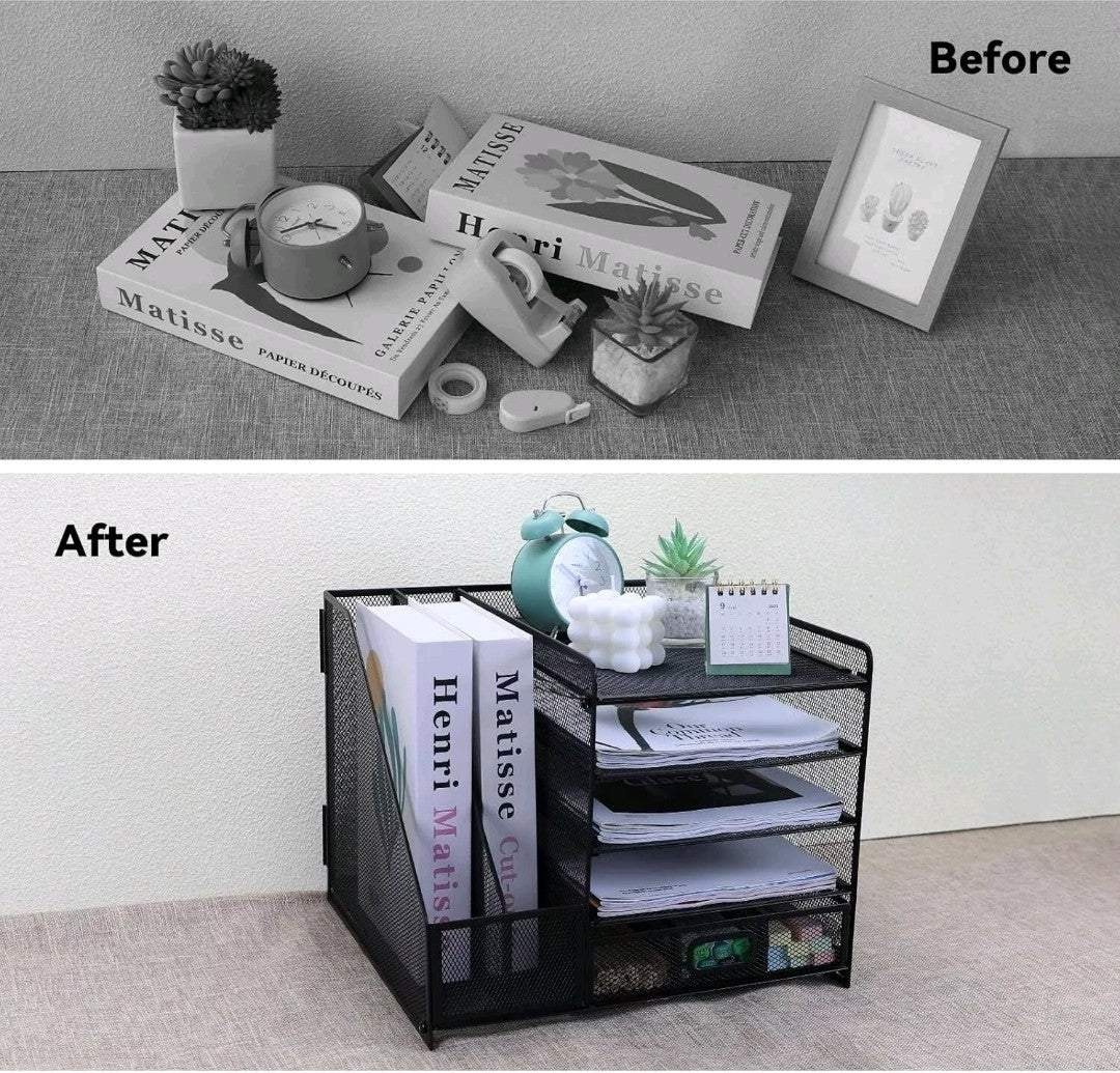 Desk Organiser Black 5-Tier Letter Tray with Drawer & Pen Holders |Vertical Mesh