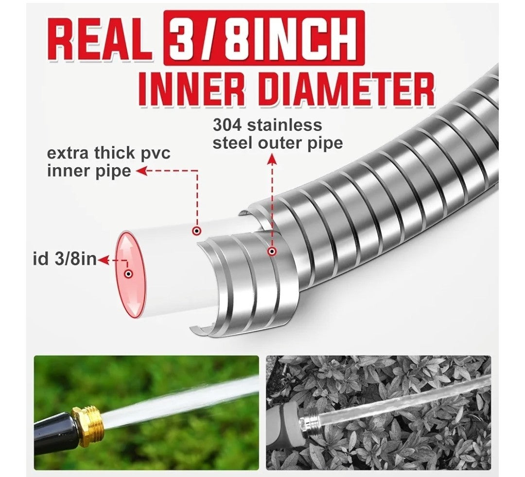 25FT Stainless Steel Garden Hose – Heavy Duty Flexible Metal Water Hose Brass 