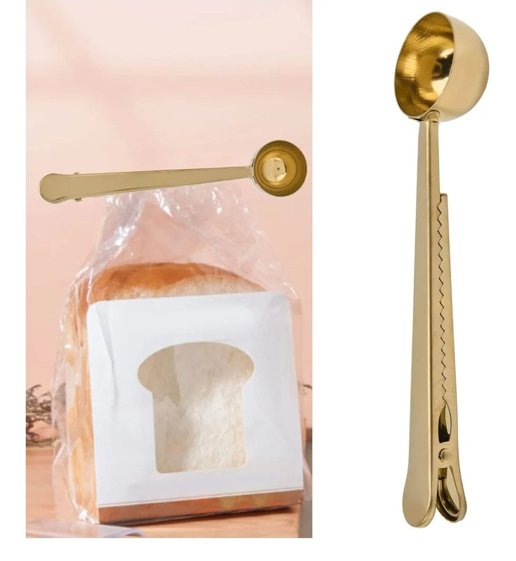 Gold Coffee Scoop with Bag Clip – 2-in-1 Stainless Steel Coffee Spoon for Tea