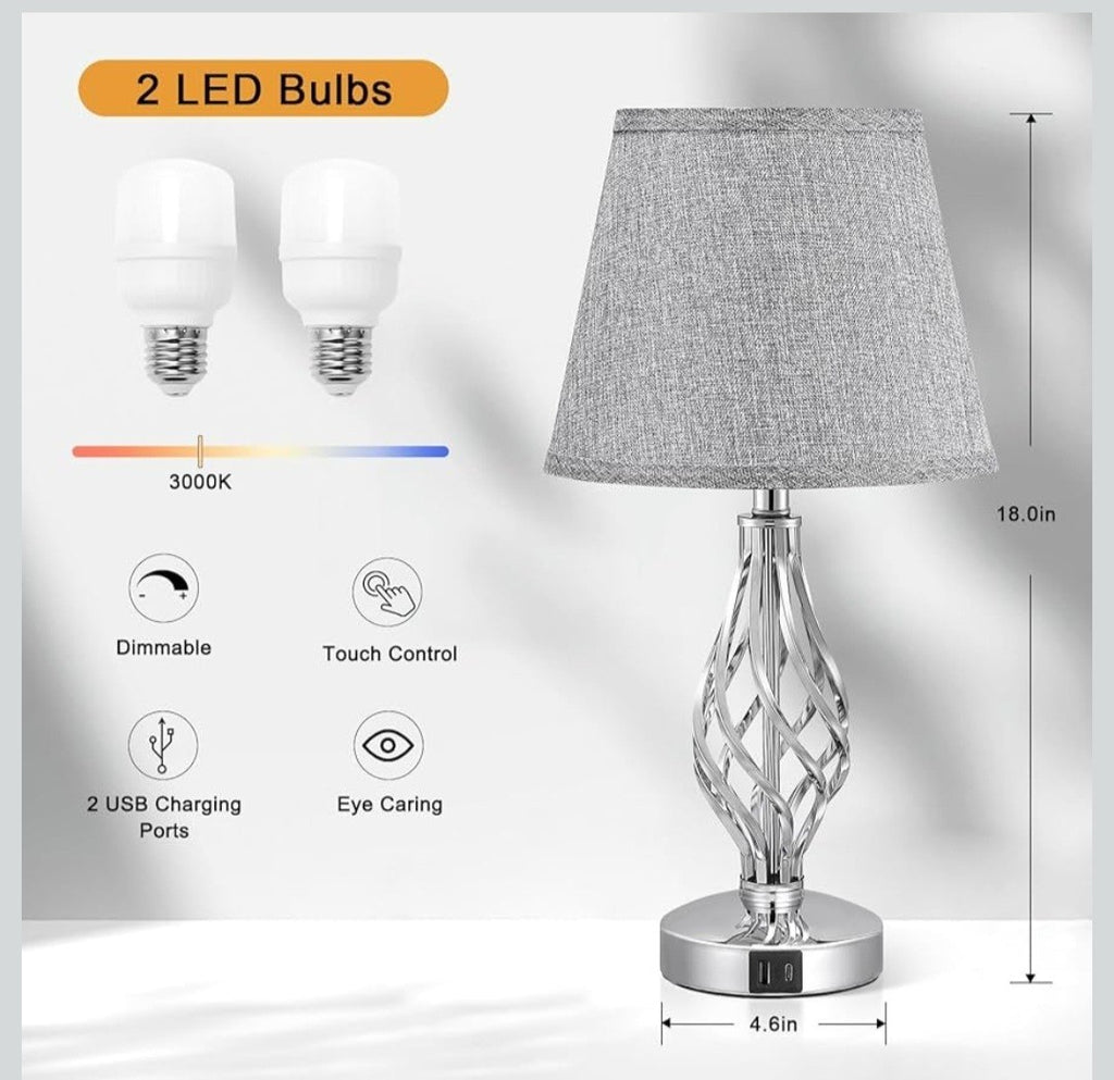 AOOSHINE Touch Table BedsideLamps Set of 2,USB-C USB-A Ports,3 Way Dimmable GREY
