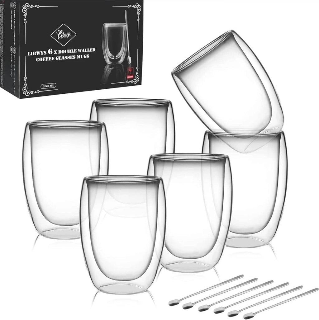 LIBWYS 6x 350ML Double Wall Glass Tea, Coffee Mugs + 6 Spoons – Heat Resistant 