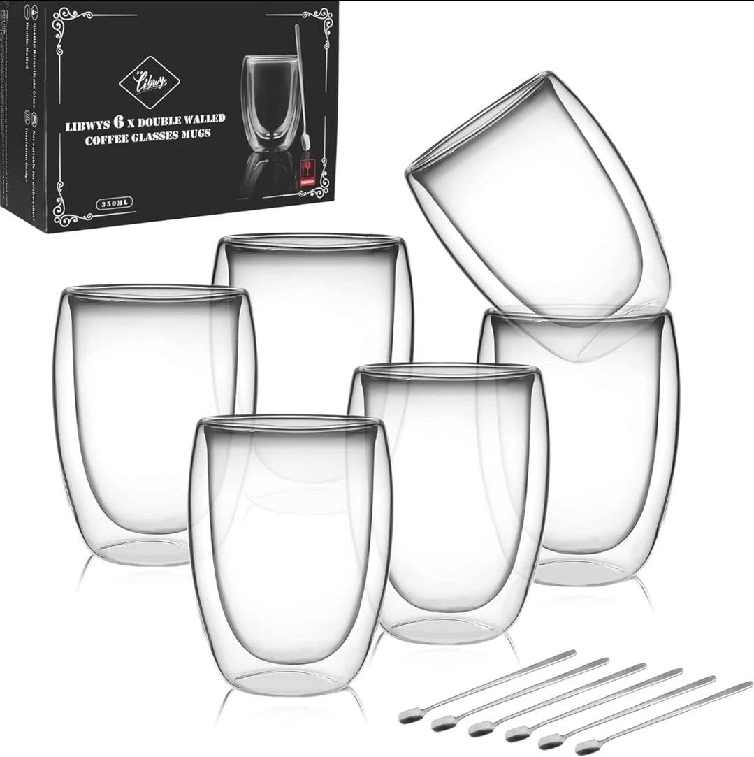 LIBWYS 6x 350ML Double Wall Glass Tea, Coffee Mugs + 6 Spoons – Heat Resistant 