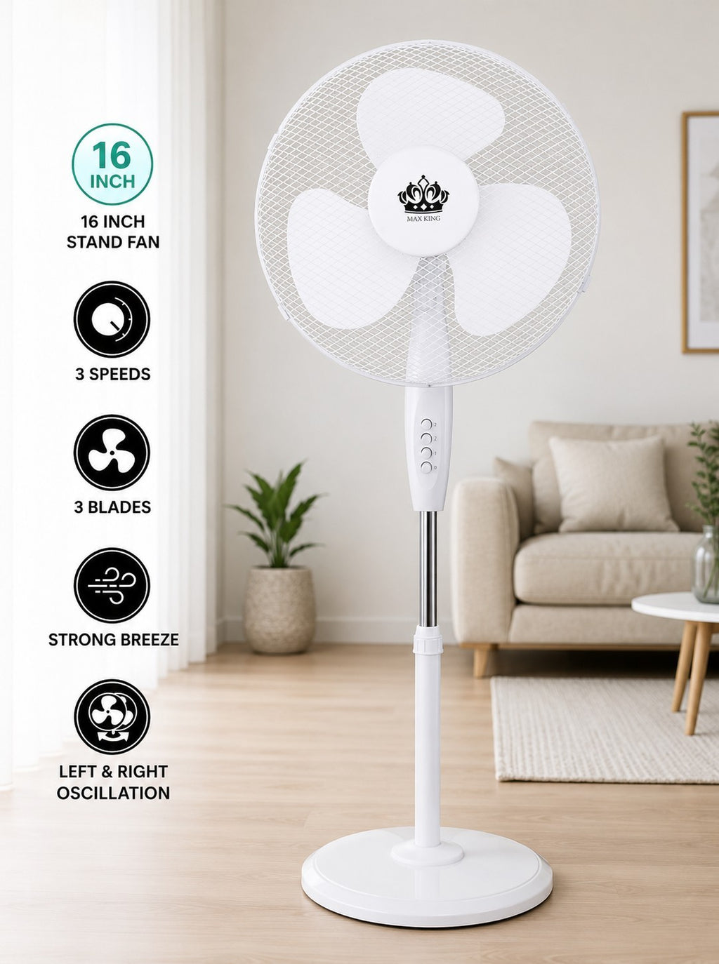 MAX KING 16" Stand Fan White 3 Speed Oscillating Pedestal Fan Heavy Round Base