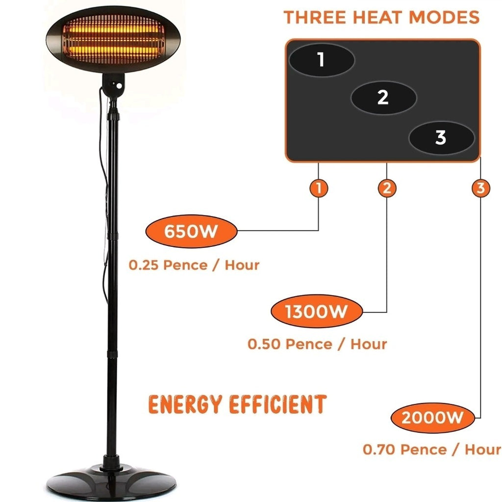 2KW Electric Patio Heater Free Standing Quartz Warmer Garden Outdoor Waterproof