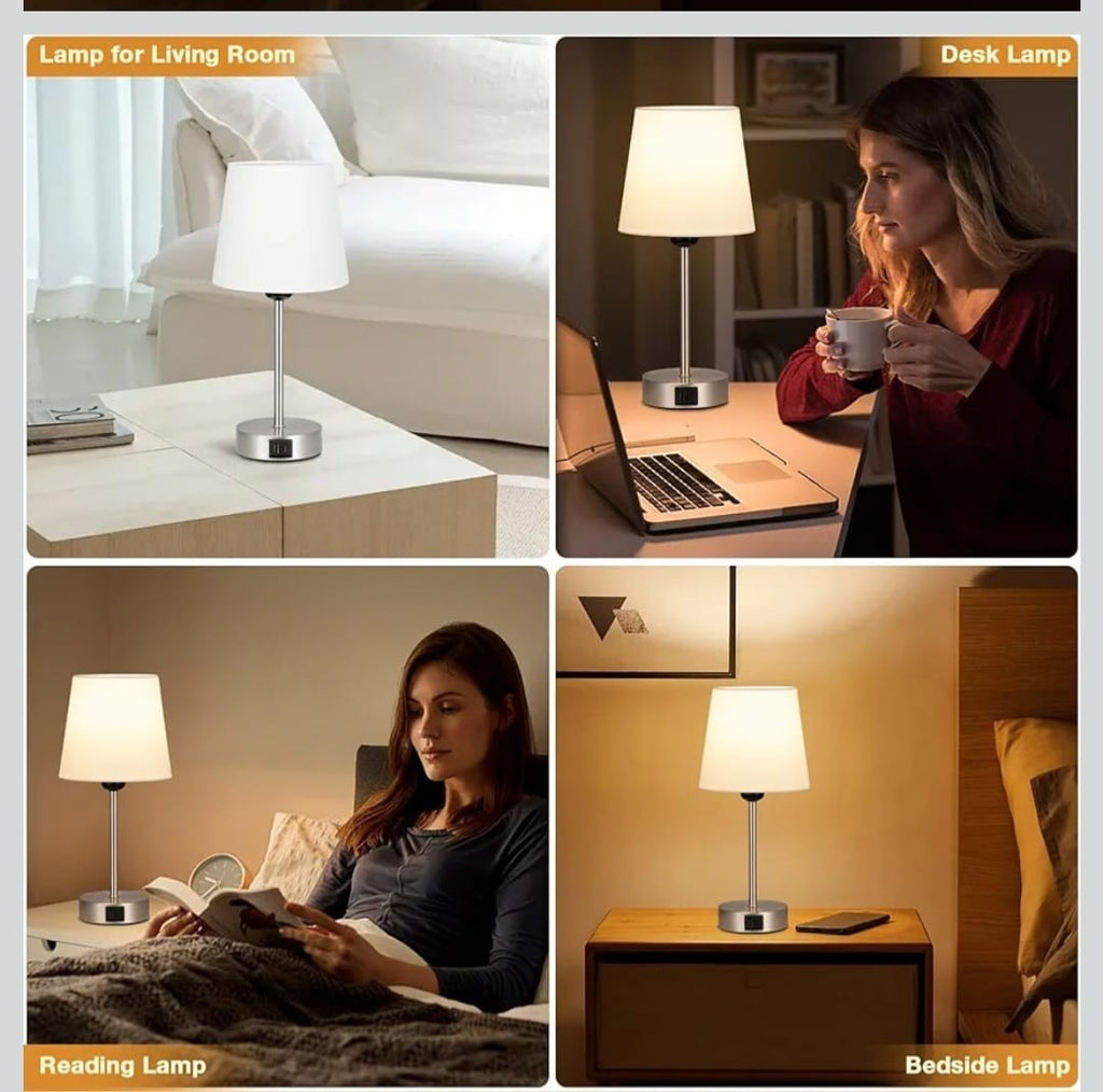 Set of 2 Touch Bedside Table Lamps with 3-Way Dimmable Light – Off-White Fabric 