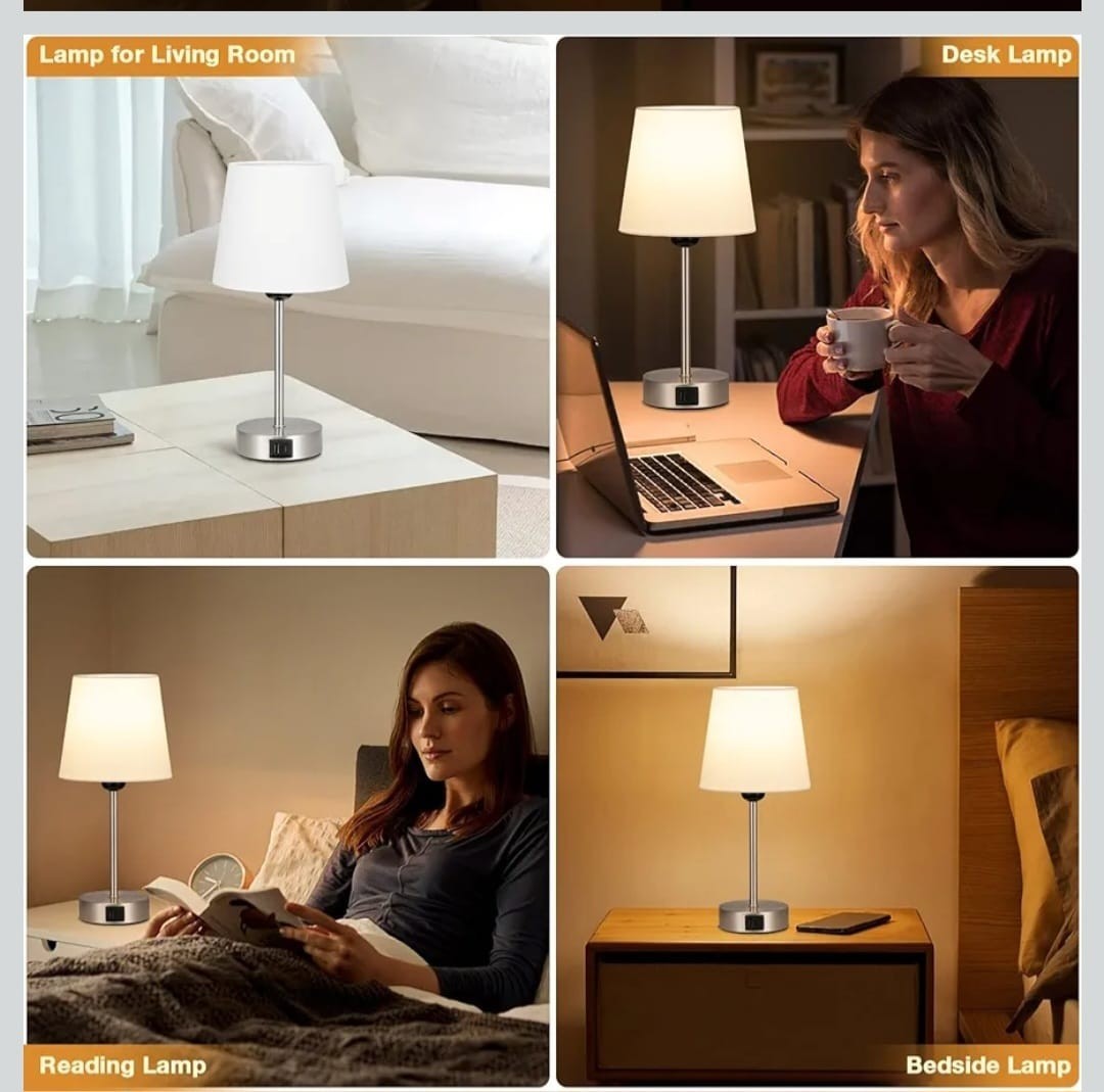 Set of 2 Touch Bedside Table Lamps with 3-Way Dimmable Light – Off-White Fabric 