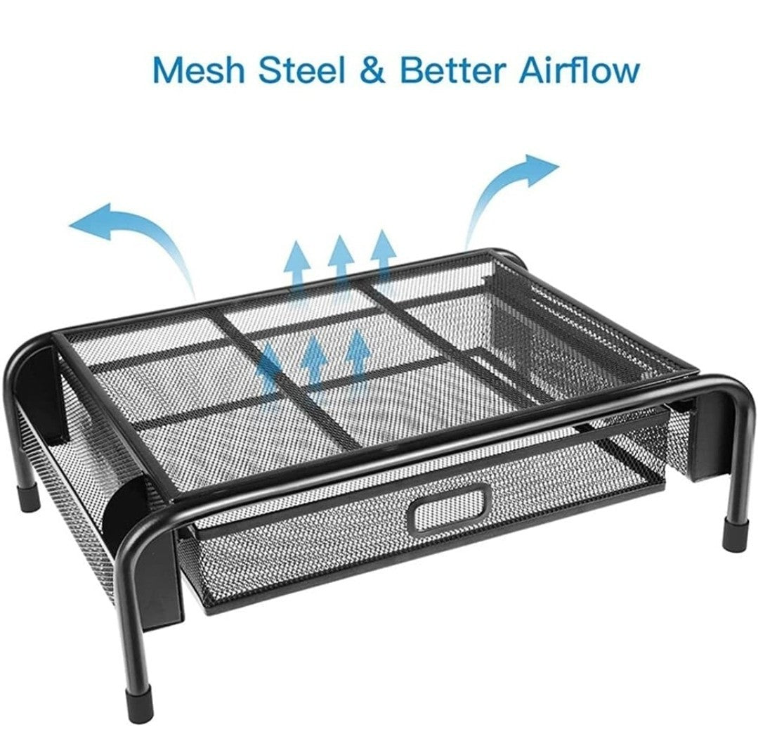Mesh Metal Monitor Stand, Laptop, Printer with Drawer & Pen Holders |Vertical