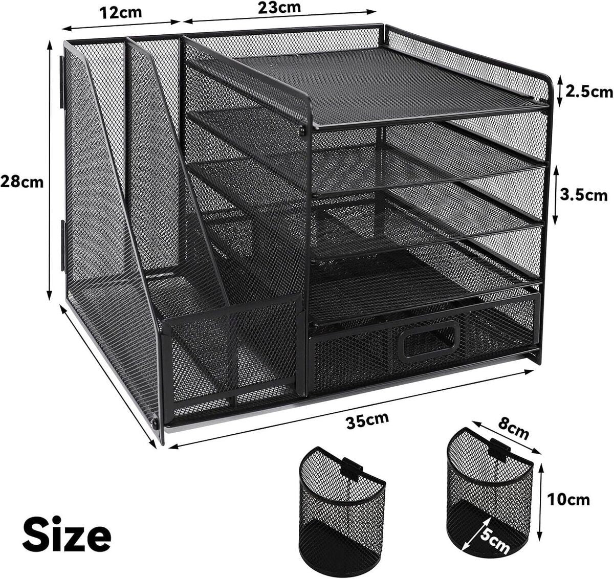 Mesh Desk Organiser Black 5-Tier Letter Tray with Drawer & Pen Holders |Vertical