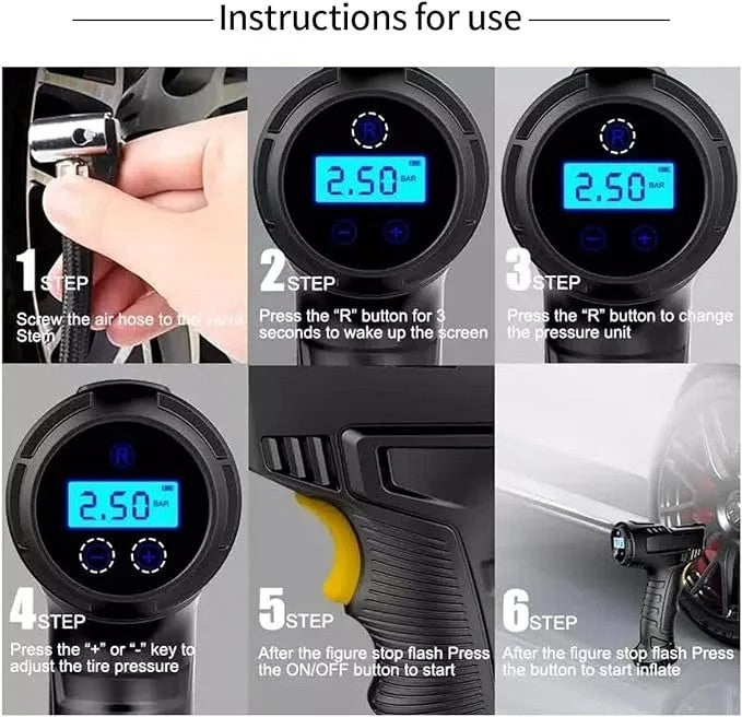 Electric Car Tyre Inflator Cordless 12V Portable Tire Air Compressor Pump + Led