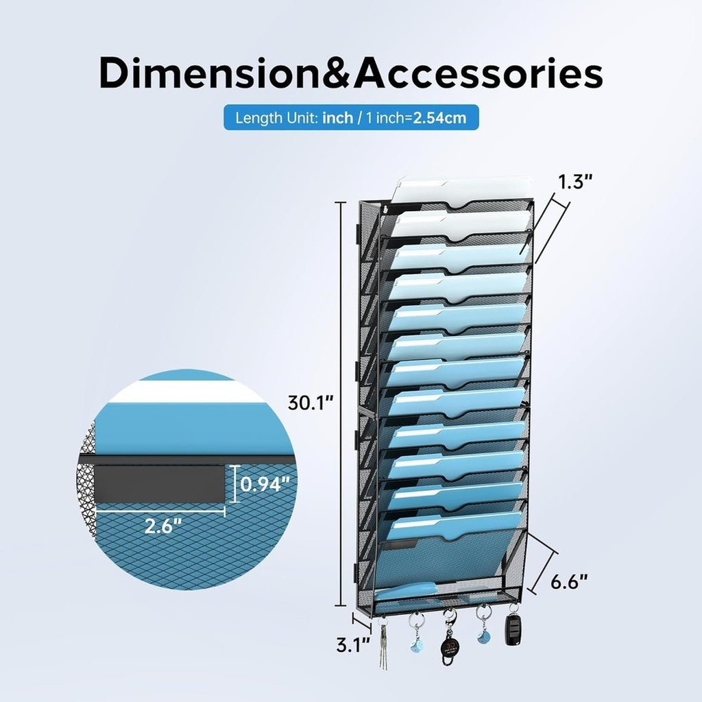13-Tier Wall File Organiser – A4 Mesh Document Holder with Key Wall Files Holder