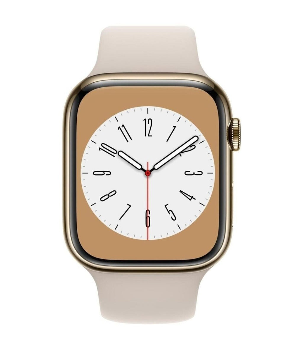 New Apple Watch Series 8 45mm Gold Stainless Steel GPS + Cellular (Model A2775).