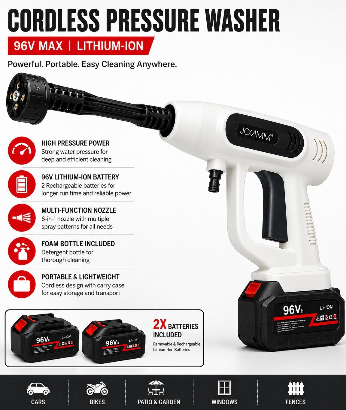 96V Cordless Pressure Washer Portable High Power Jet Wash Cleaner Kit X2 Battery