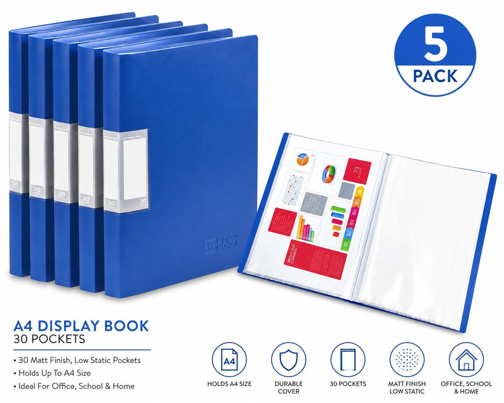 Pack Of 5 x 30 Pocket A4 Display Book Size A4 Presentation Folder In BLUE Colour