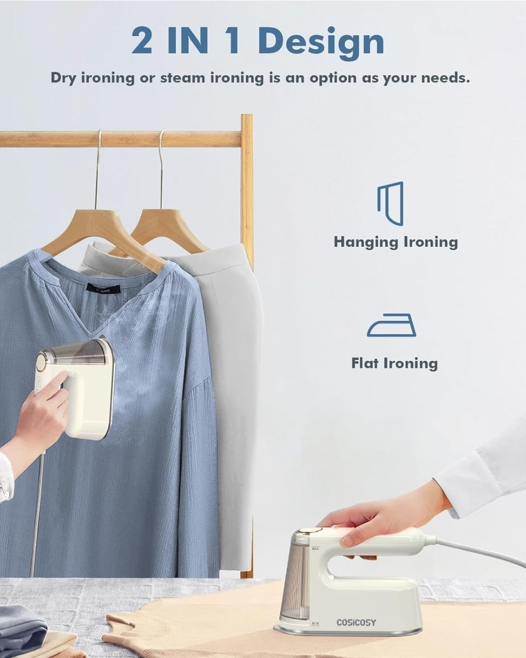 Cosicosy 2-in-1 Handheld Clothes Steamer & Iron 1200W Portable Travel Garment