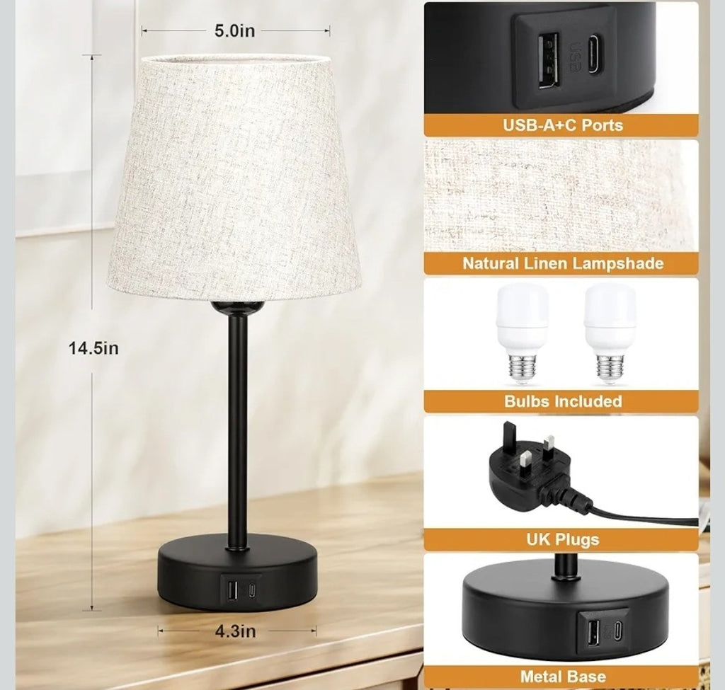 Set of 2 Touch Bedside Table Lamps with 3-Way Dimmable Light – Off-White Fabric 