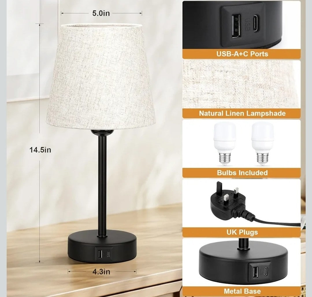Set of 2 Touch Bedside Table Lamps with 3-Way Dimmable Light – Off-White Fabric 