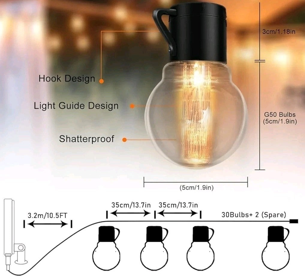 30ft solar & Usb Power outdoor garden Festoon String Light Waterproof 20 Bulbs