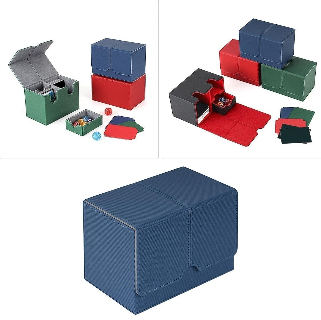 Card Deck Box Gaming Card Holder Premium PU Leather Sports Double Size In Blue 