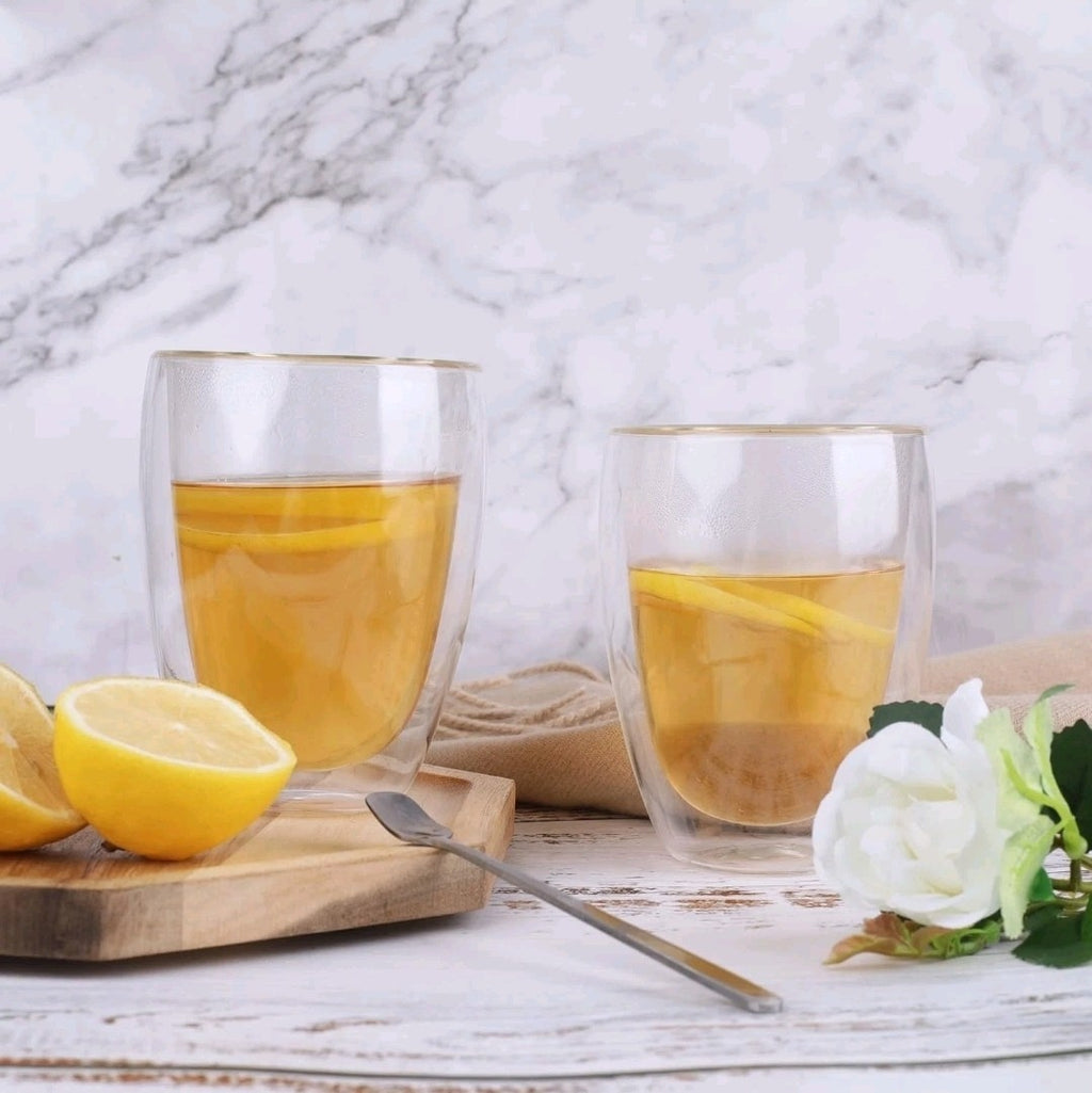 LIBWYS 6x 350ML Double Wall Glass Tea, Coffee Mugs + 6 Spoons – Heat Resistant 