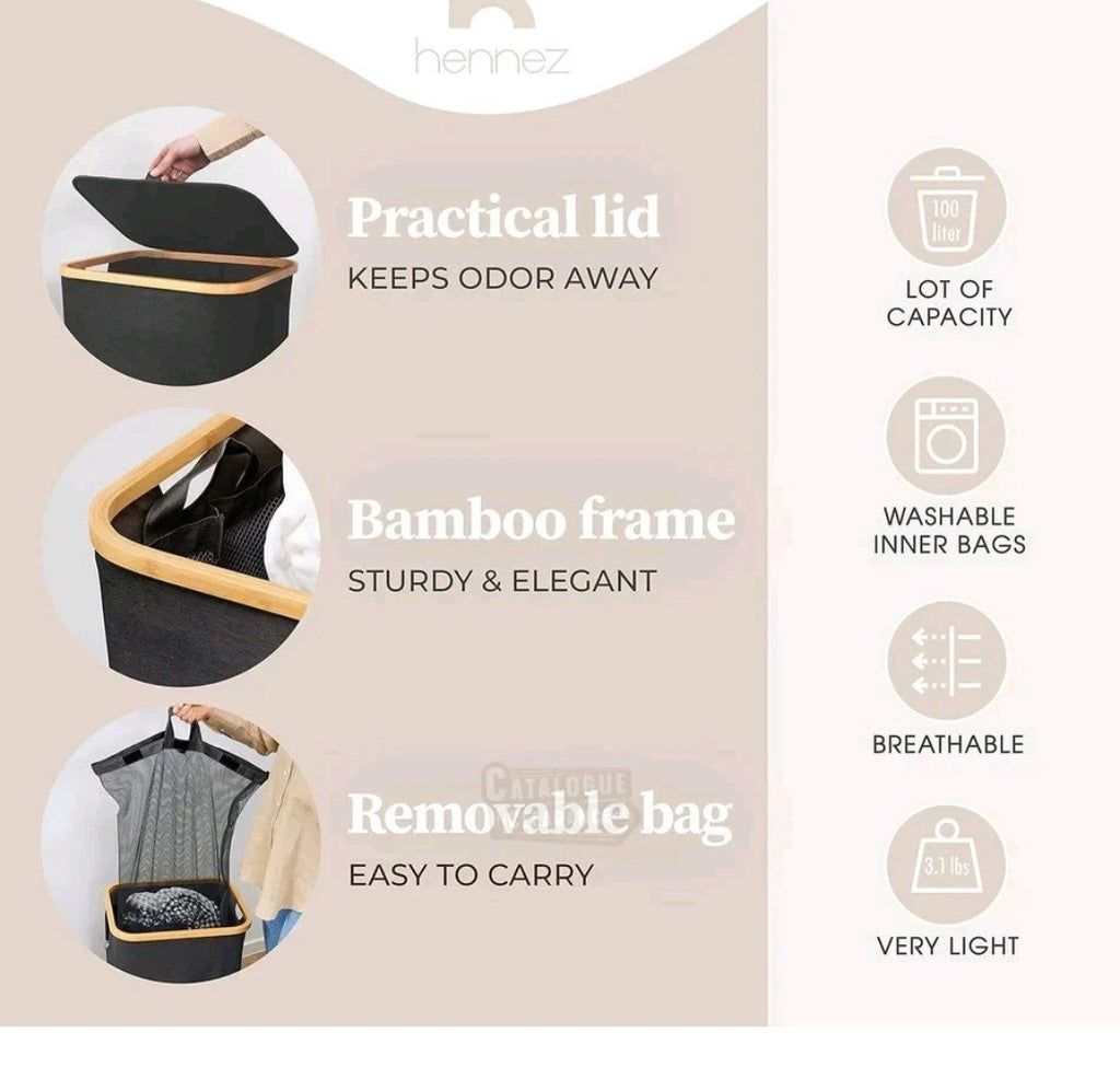 Adrian 100L Bamboo Laundry Hamper with Lid & Removable Bag in Dark Grey Colour