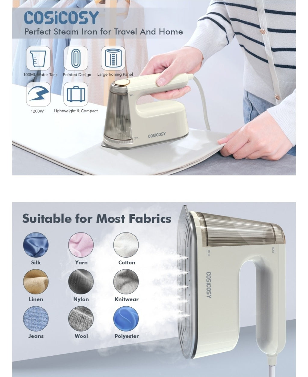 Cosicosy 2-in-1 Handheld Clothes Steamer & Iron 1200W Portable Travel Garment