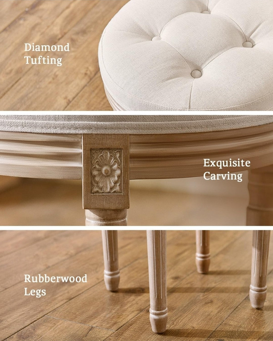 New Ottoman Vanity Stool 45cm French Vintage Round Tufted Upholstered Beige Seat