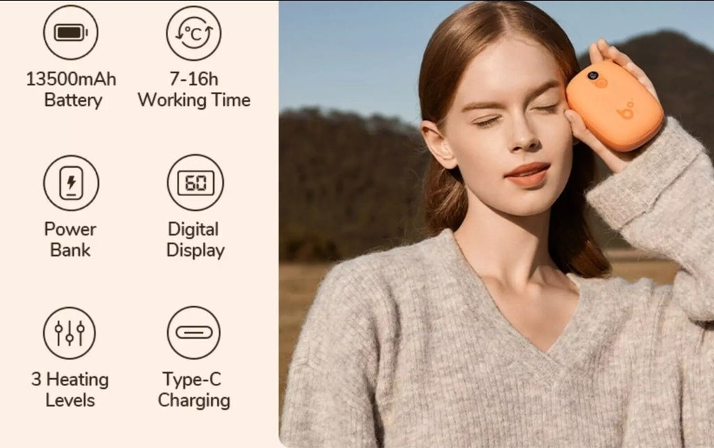 JISULIFE 13500mAh Rechargeable Hand Warmer Power Bank Portable – 3 Heat Levels