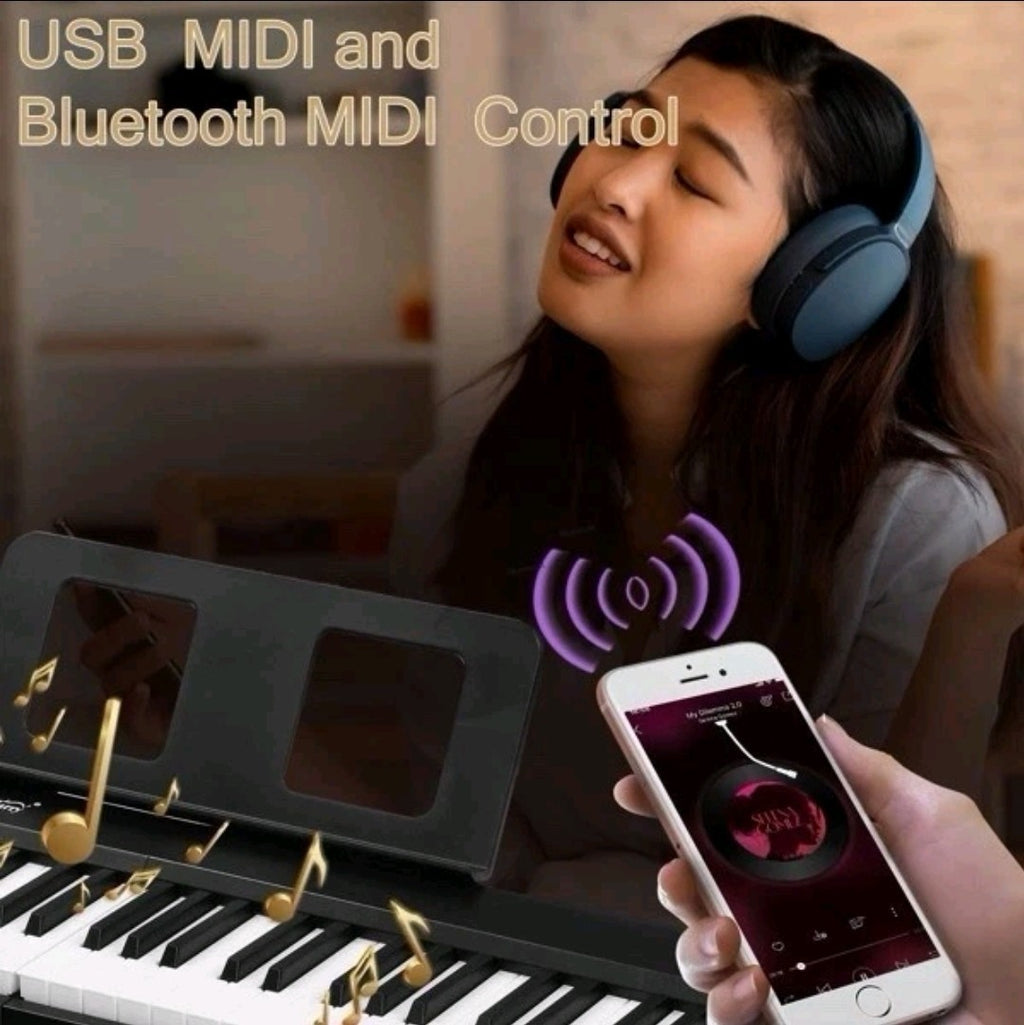 Digital Piano 88 Keys Foldable Electronic Keyboard with Headphones, Mic, Case