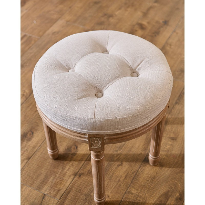 New Ottoman Vanity Stool 45cm French Vintage Round Tufted Upholstered Beige Seat