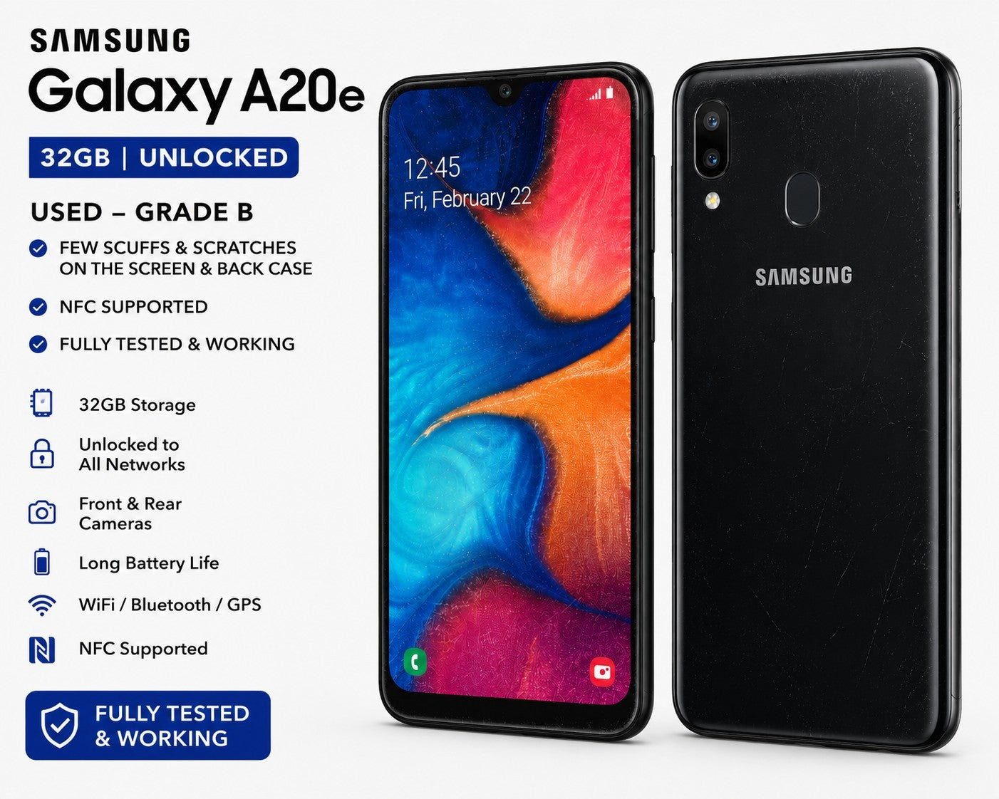 Samsung Galaxy A20E 32GB 5.8” 13MP Dual-SIM NFC Unlocked Used Condition B Grade 