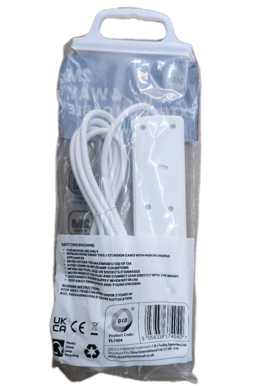 Electric Extension Lead, 4 GANG, 2 METER CABLE 13A UK Plug Multi Way Adapter