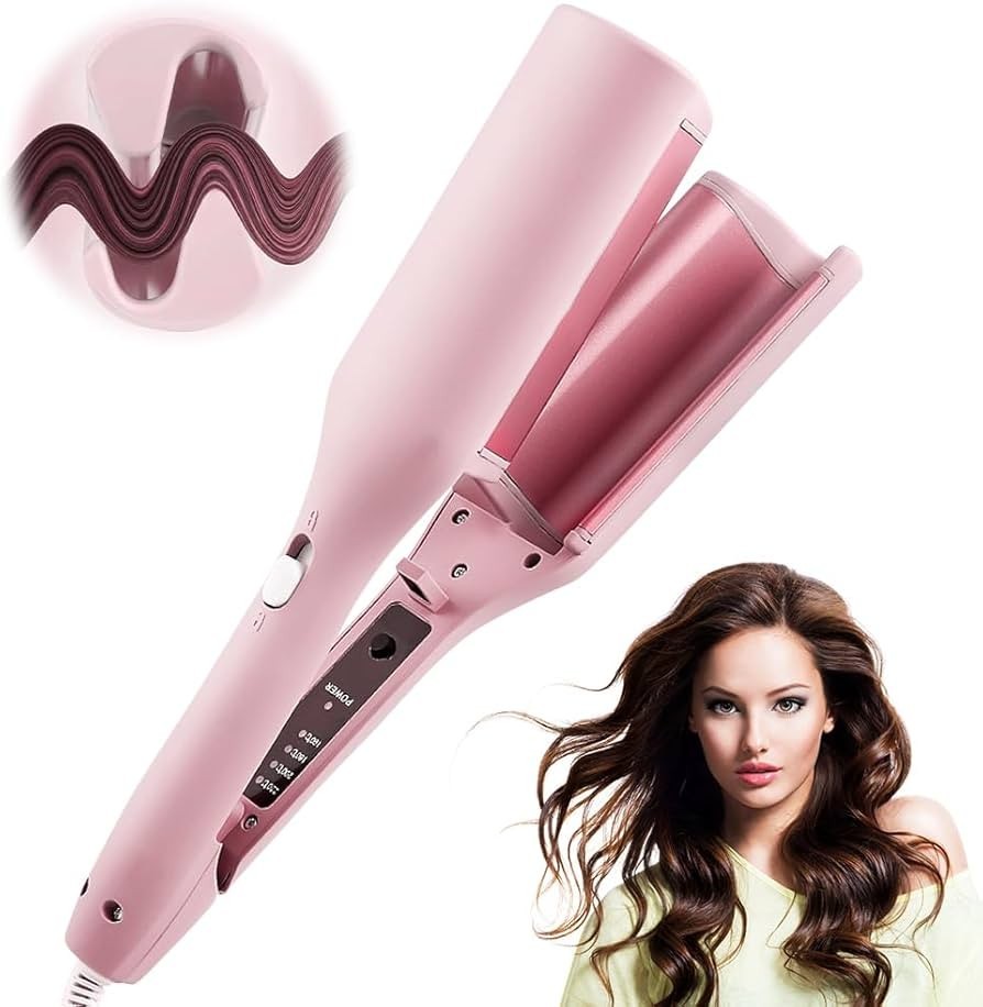 Big French Wave Hair Curler 32mm V-Shaped Waver Iron with 4 Heat Settings – Pink