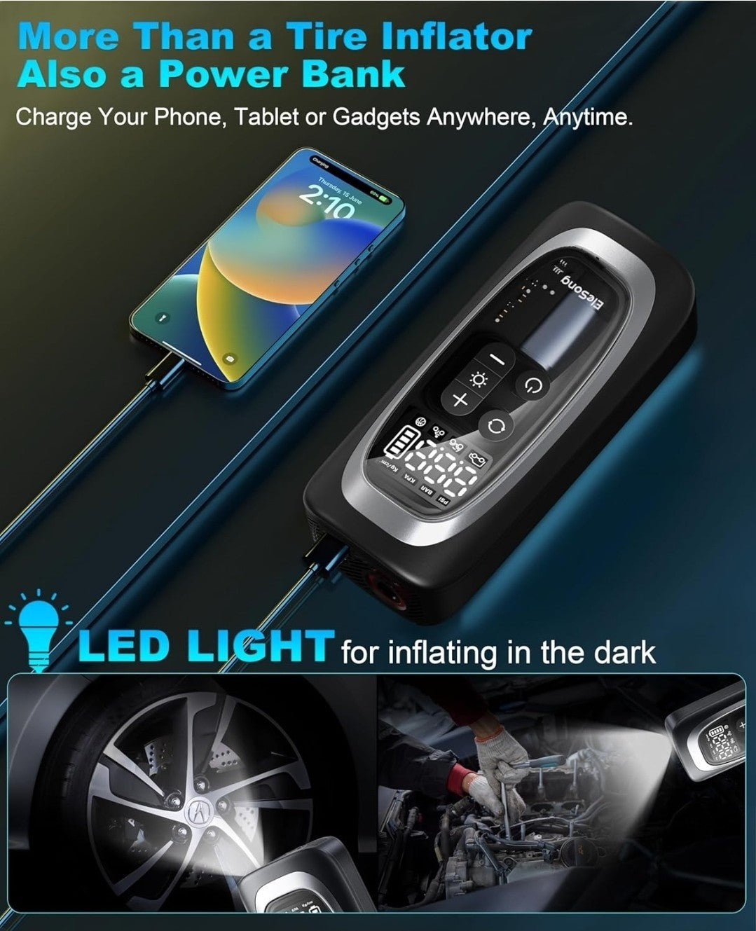 Elesong Smart Electric Air Pump T03 – 150PSI Portable Cordless Tyre Inflator