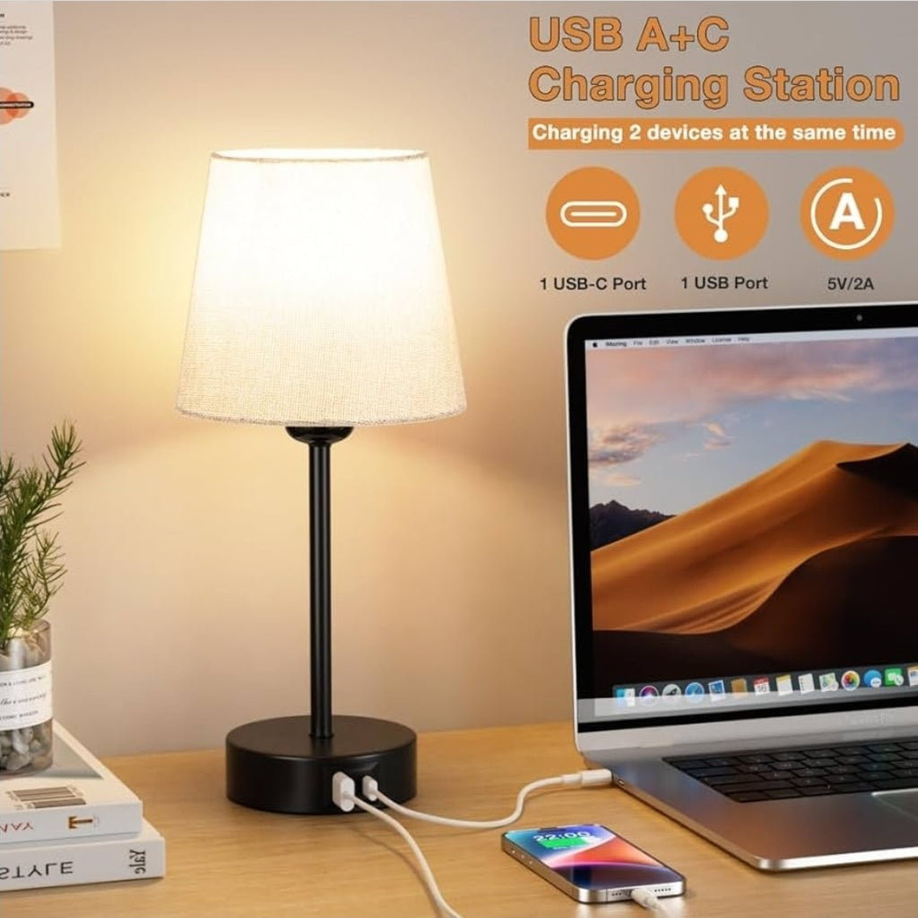 Set of 2 Touch Bedside Table Lamps with 3-Way Dimmable Light – Off-White Fabric 
