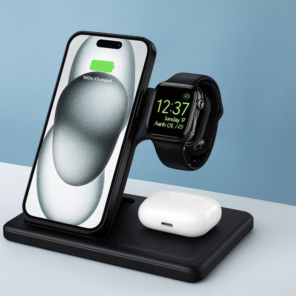 3 In 1 Fast Wireless Charger Dock Stand For Apple iPhone, Apple Watch, AirPods.