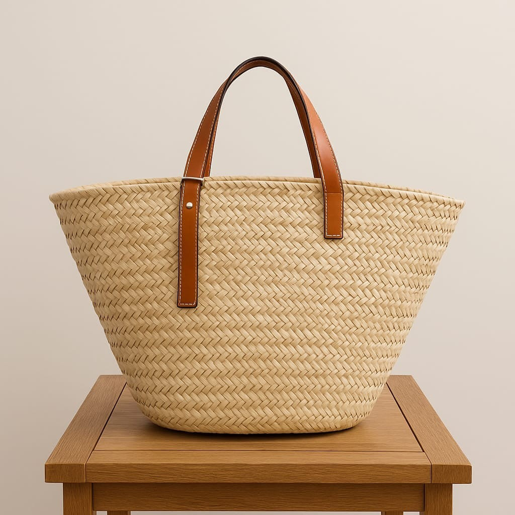 Large Woven Straw Tote Bag with Faux Leather Handles – Summer Beach, Holiday, Ca