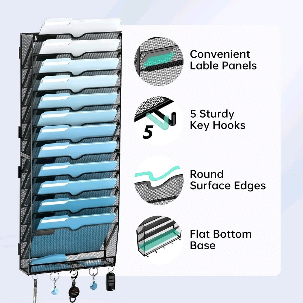 16-Tier Wall File Organiser – A4 Mesh Document Holder with Key Wall Files Holder