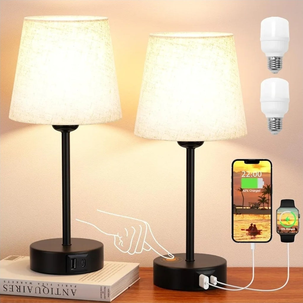 Set of 2 Touch Bedside Table Lamps with 3-Way Dimmable Light – Off-White Fabric 